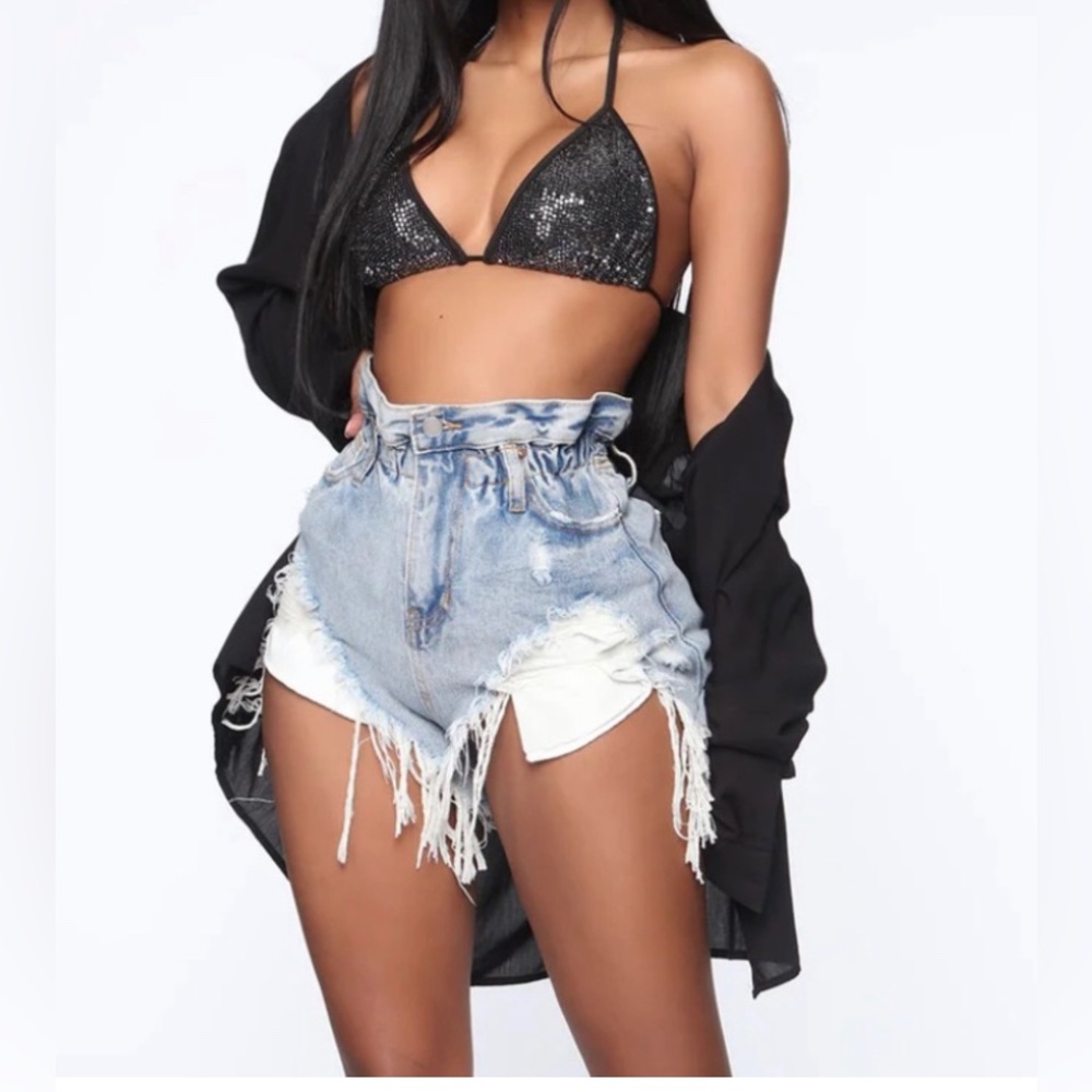 Paper Bag Elastic Waist Denim Distressed Shorts